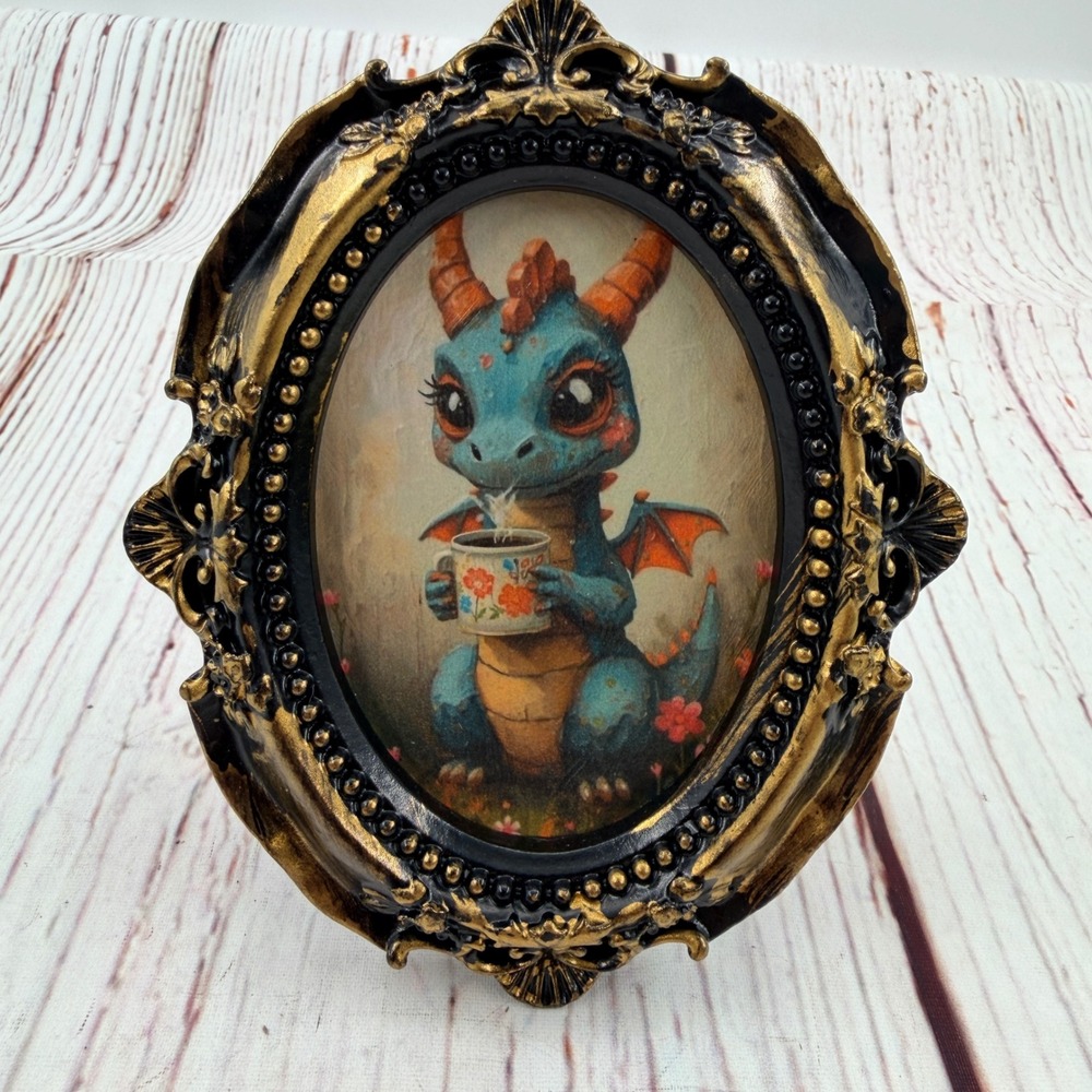 Handcrafted Baby Dragon Coffee Art Print Ornate Gold Black Resin Frame